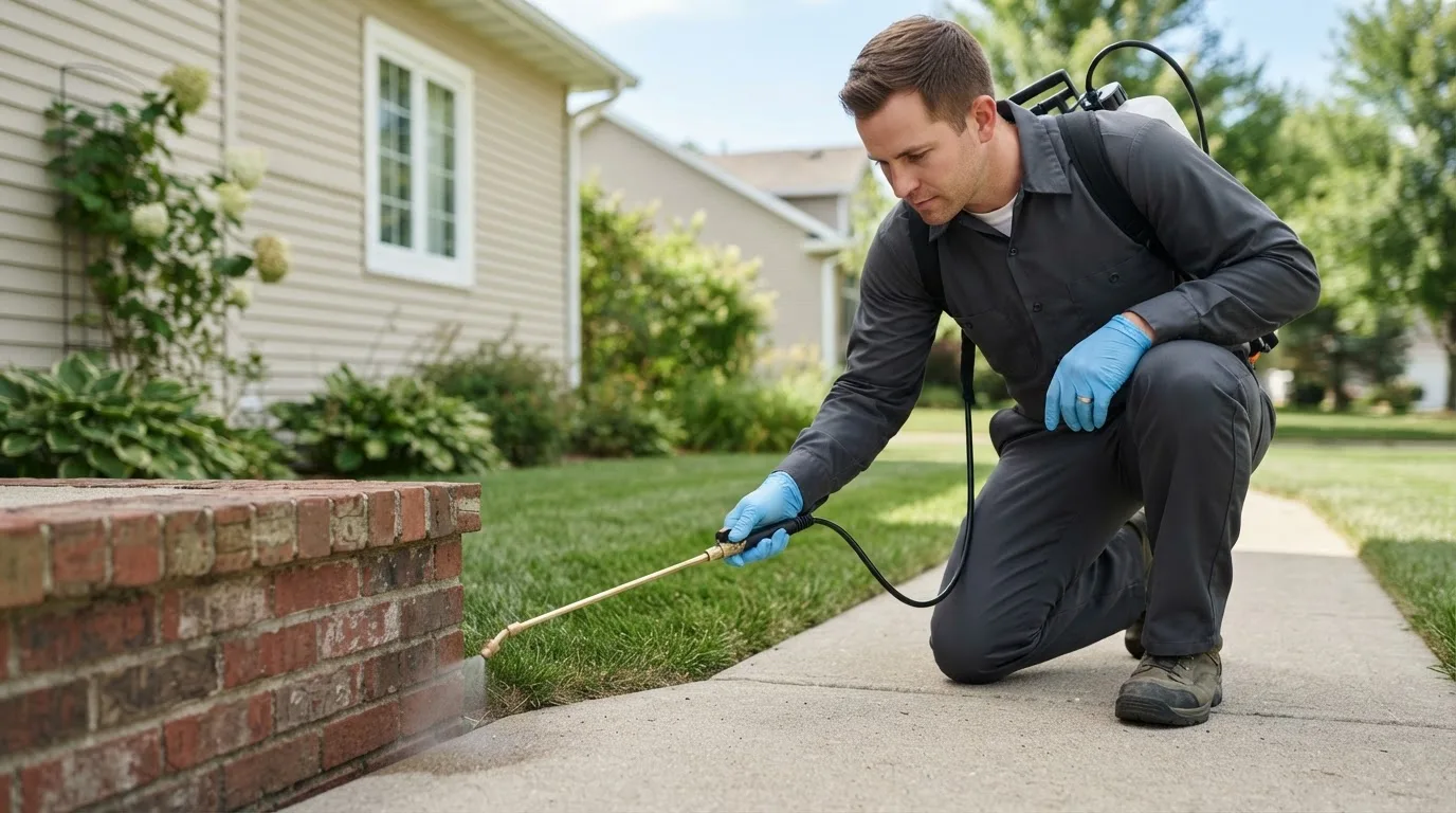 Pest control technician treating a home near Le Roy, IL